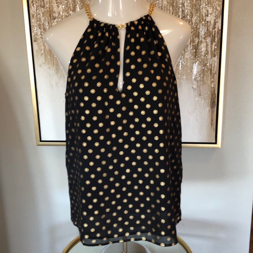 MICHAEL KORS BLACK WITH GOLD METALLIC PRINT AND GOLD CHAIN HALTER TOP - Picture 2 of 8